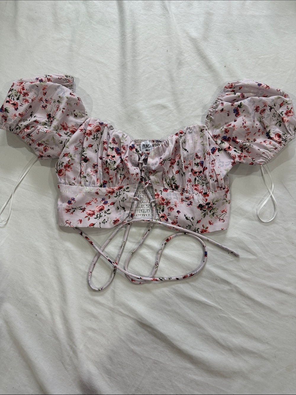 Princess Polly Pink Floral Puff-Sleeve Lace-Up Crop Top